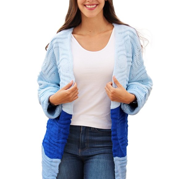 Sky Blue Color Block Drop Shoulder Open Front Knitted Sweater - Picture 8 of 11